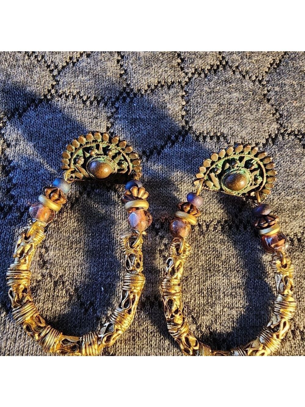Gold and Brown Hoop Earrings - Picture 2 of 4